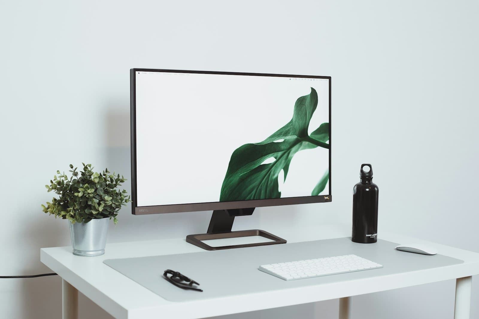 A monitor and keyboard on a white desk beside a potted plant