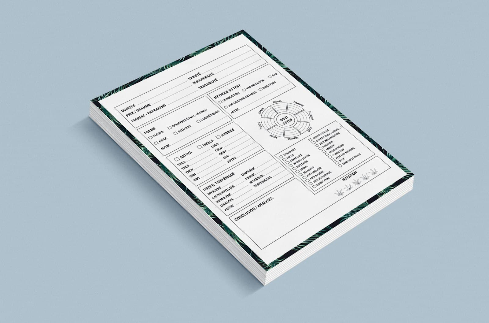 A printed report page with a chart, photographed on a pale blue surface